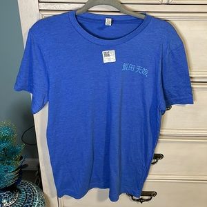 Unisex Japanese lettering canvas royal blue shirt sleeve t shirt med new